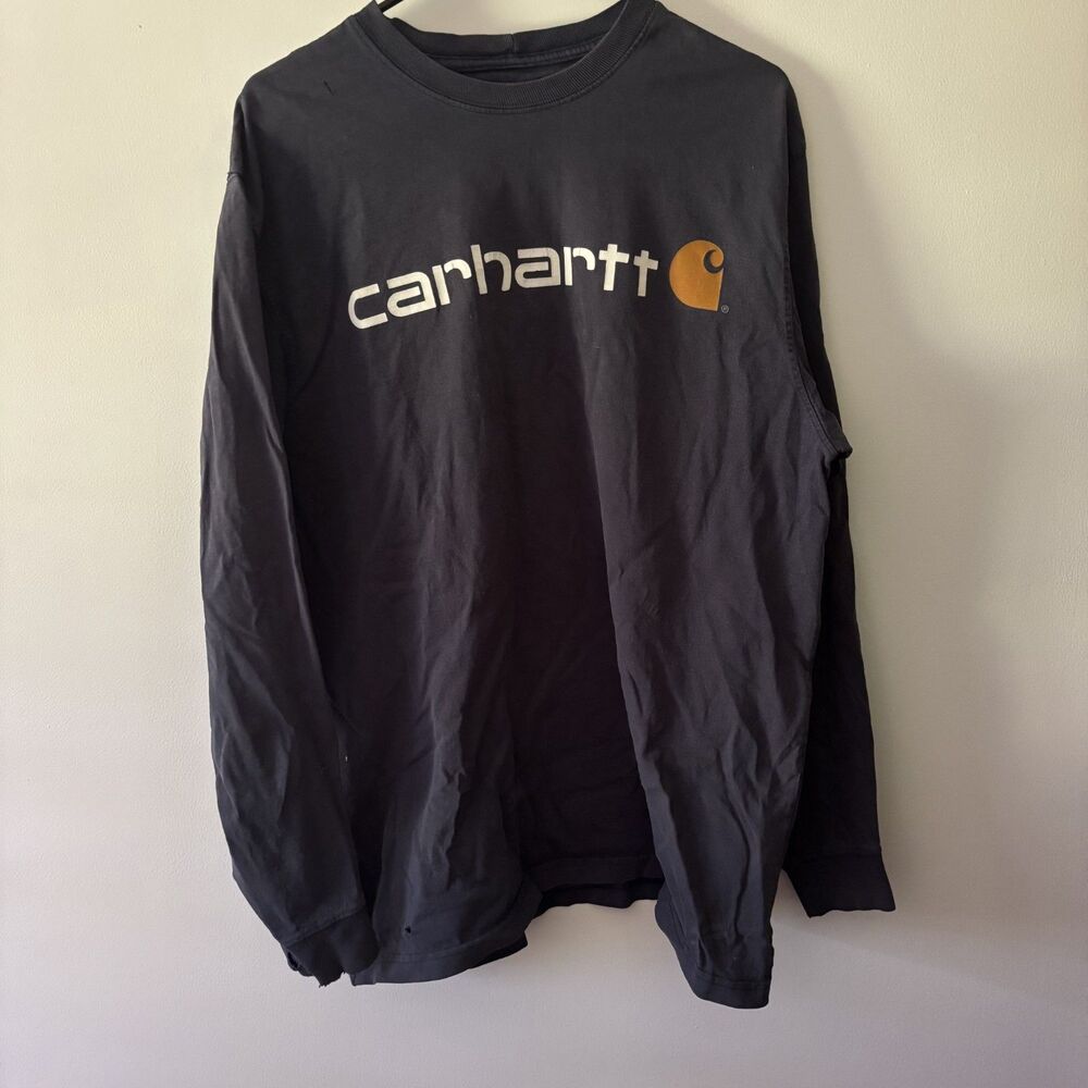 Men's Pullover Carhartt Navy Yellow Spell out Logo Longsleeve Medium Y2K
